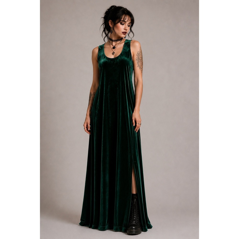 90s Coldwater Creek Green Velour Maxi Dress Fairy Grunge Goth Size 10